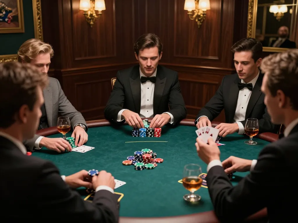 Dabet players celebrate a winning hand at a high-stakes poker game in a luxurious setting.