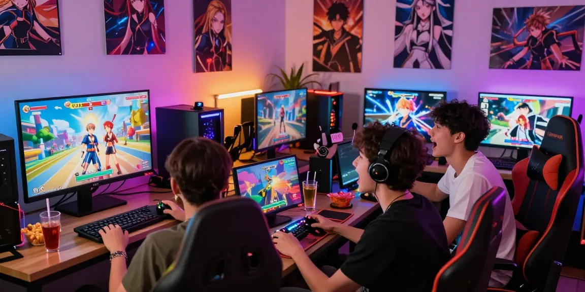 Friends enjoying a hentai game night with vibrant screens and playful atmosphere.