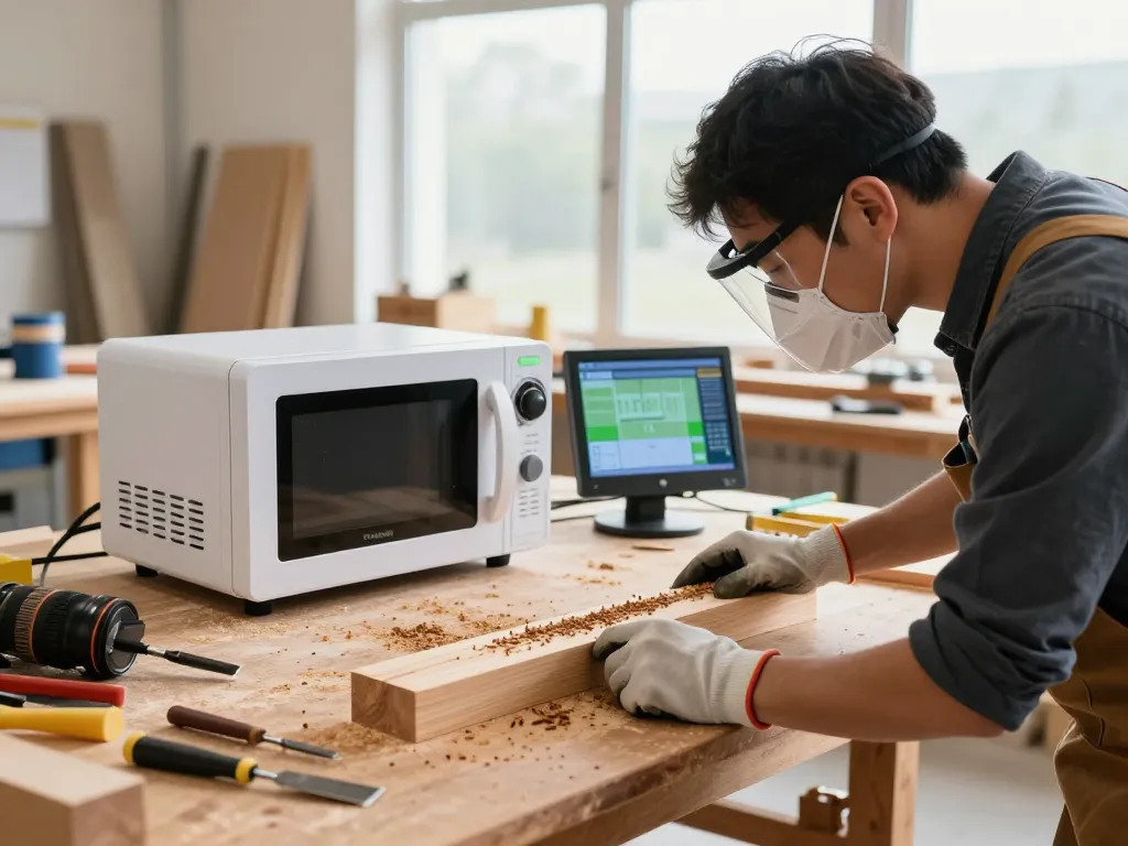 Falegname che utilizza un sistema di microonde antitarlo per eliminare i tarli da una trave di legno in un luminoso laboratorio.