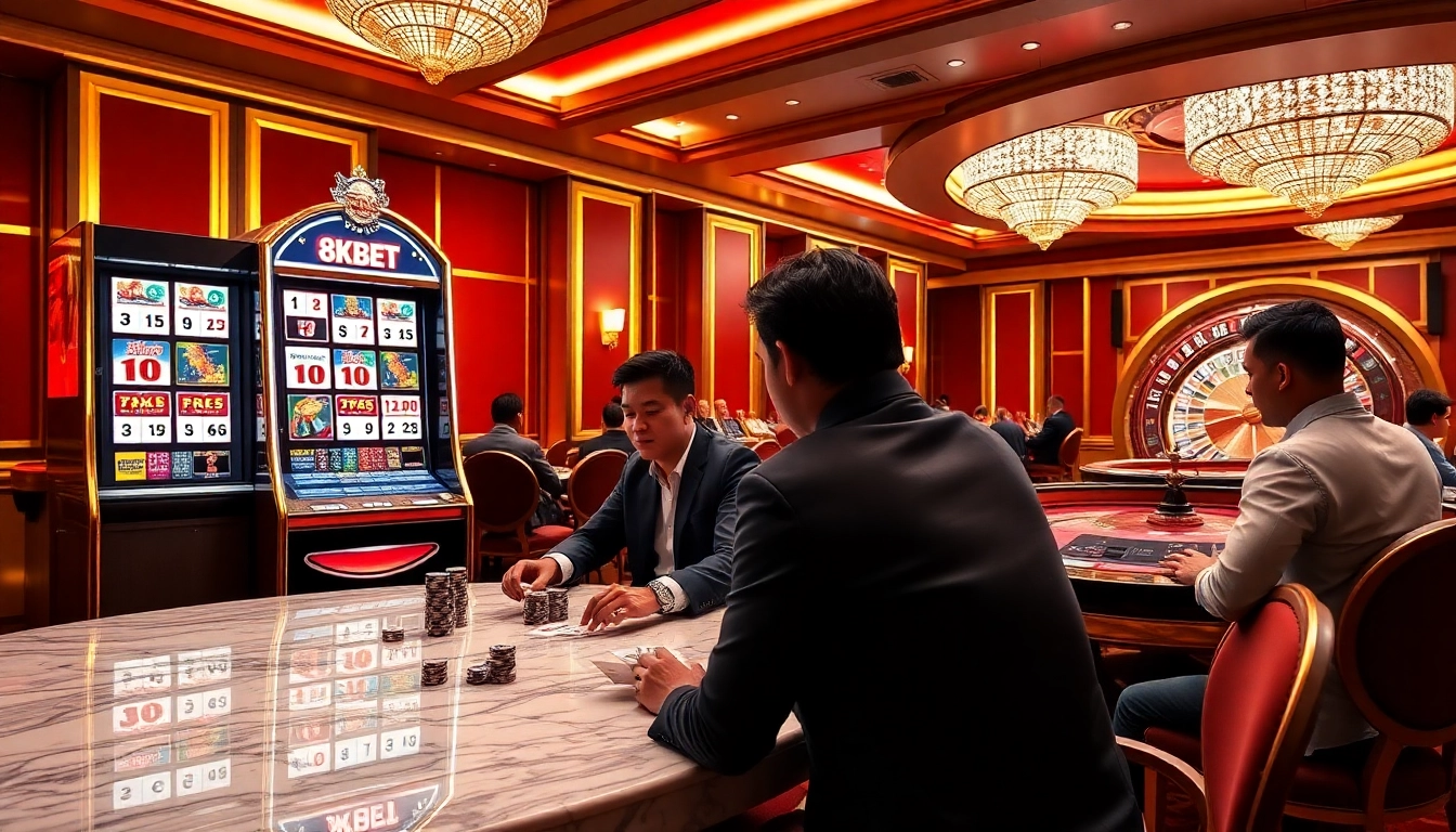 8KBET luxurious casino scene featuring gamblers at a slot machine and roulette wheel.