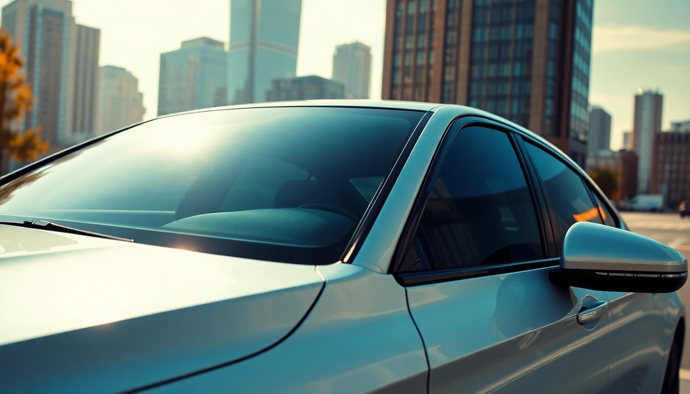 View of a car with window tint near me enhancing privacy and style against a bright city backdrop.