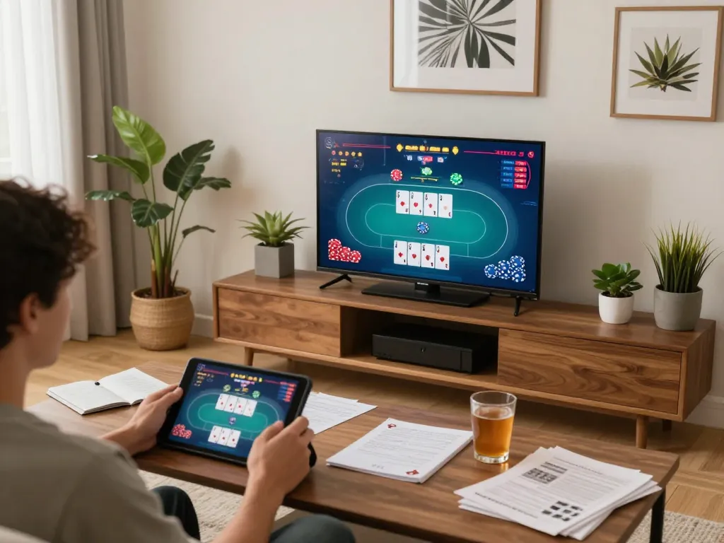 rokok88 player enjoying online poker in cozy home setup with dynamic game interface