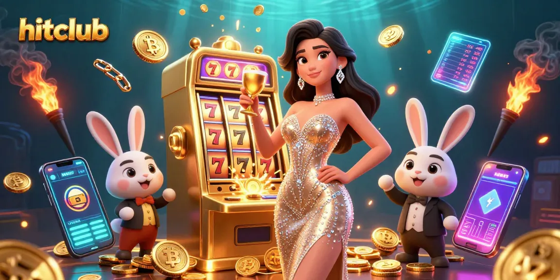 Hitclub's stunning female character celebrates next to a golden jackpot slot machine, enhancing casino excitement.