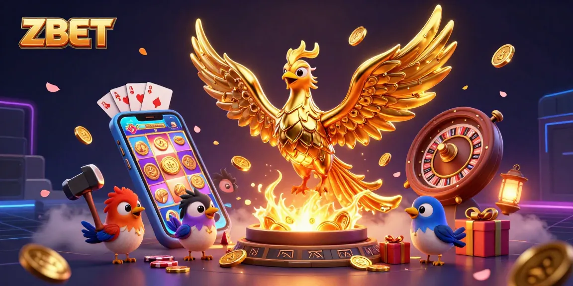 ZBET captivates players with a golden phoenix and thrilling casino elements like slot games and poker chips.