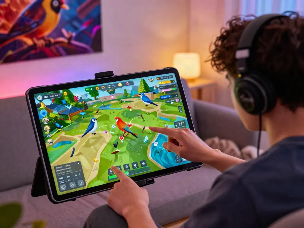 Engaging player using rokok88 slot on a tablet in a playful gaming room.