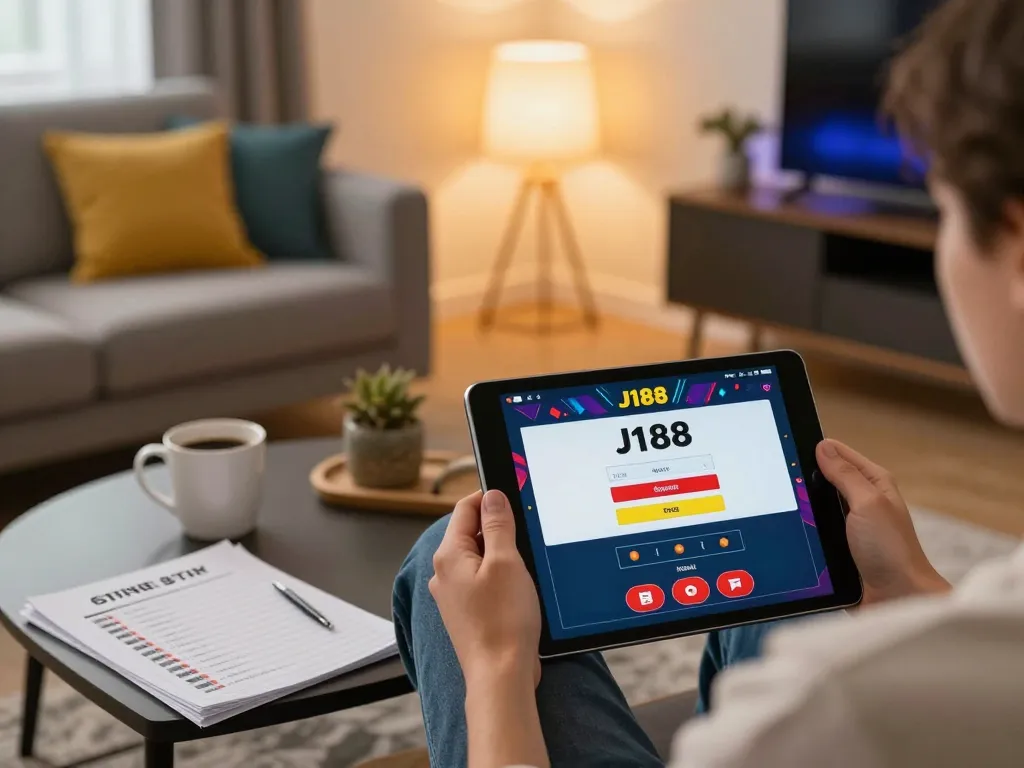 Engaging in online gambling with J188 login on tablet, creating a cozy gaming atmosphere.