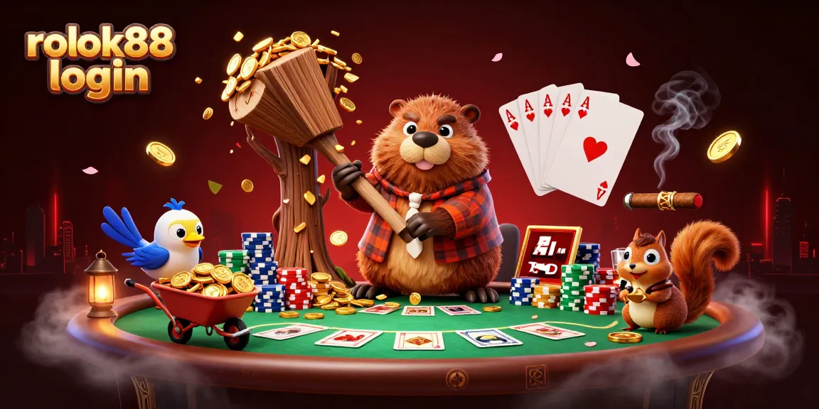 Engage with the magical world of rokok88 login as a beaver collects golden coins amidst poker excitement.