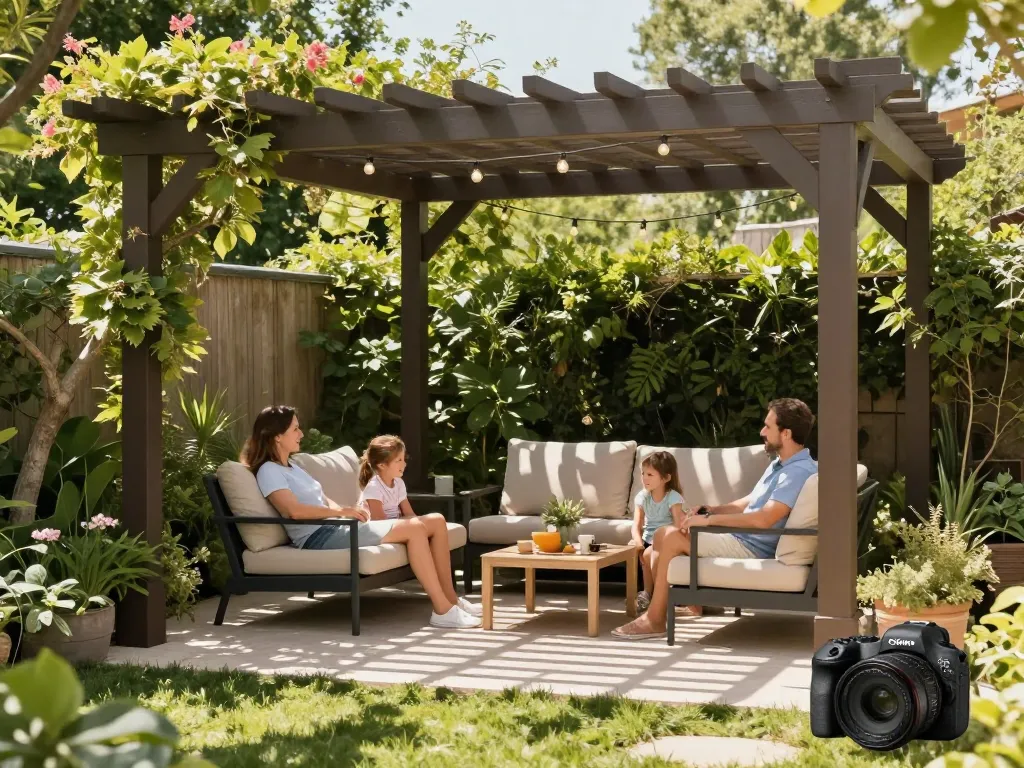 Famiglia che si gode una pergola personalizzata in un giardino, che mostra il configuratore pergole online.