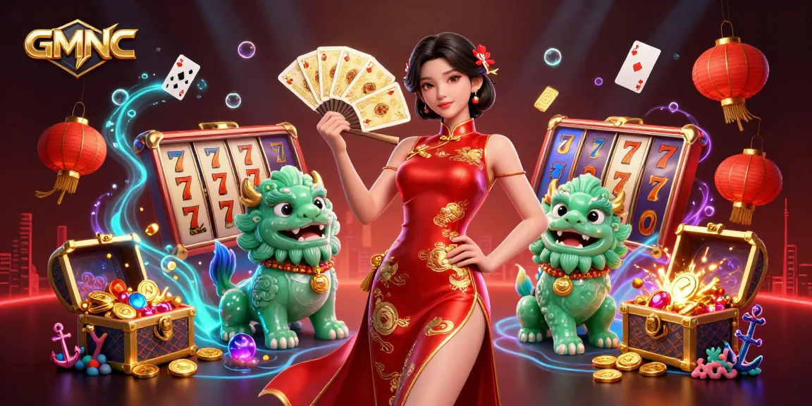 GMNC showcases a captivating scene with an elegant woman and jade lion amidst vibrant gambling elements.