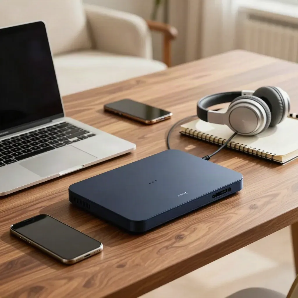 Scrivania digitale con laptop chiuso, router, smartphone capovolto e cuffie in luce pulita.