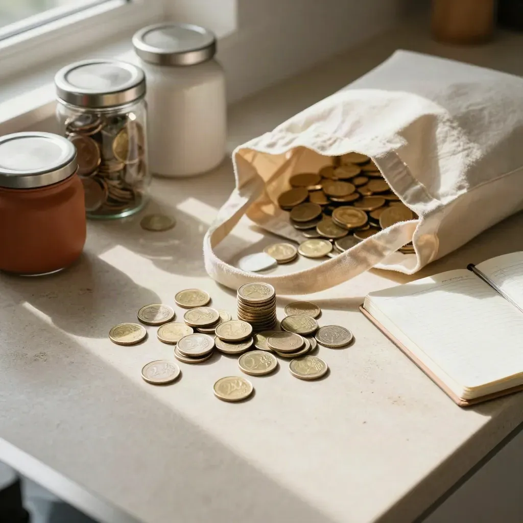 Monete, borsa riutilizzabile e barattoli in cucina per il budget della spesa mensile.