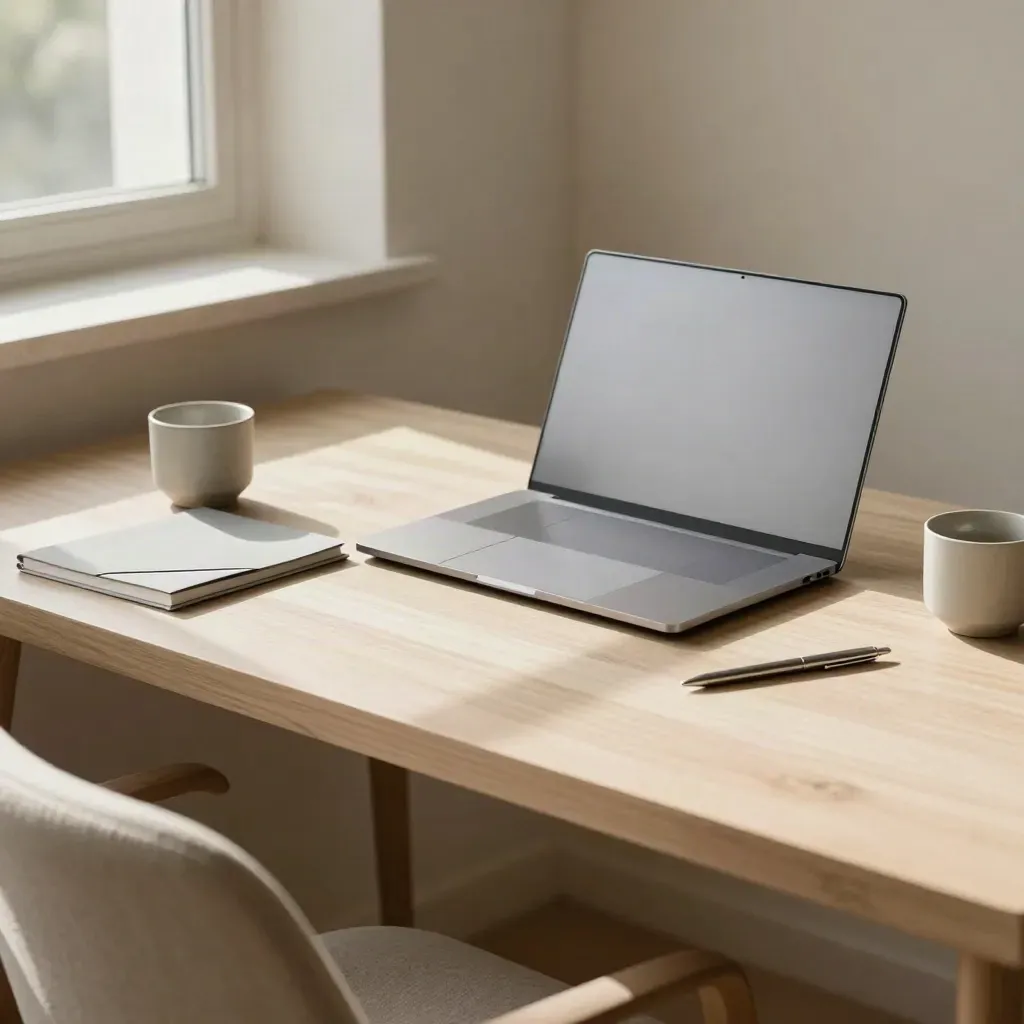 Scrivania minimal con laptop chiuso, cartellina piegata e tazza bassa vicino a finestra chiara.