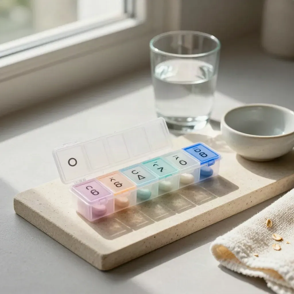 Organizer settimanale per pillole con bicchiere d’acqua, asciugamano piegato e ciotola in ceramica.