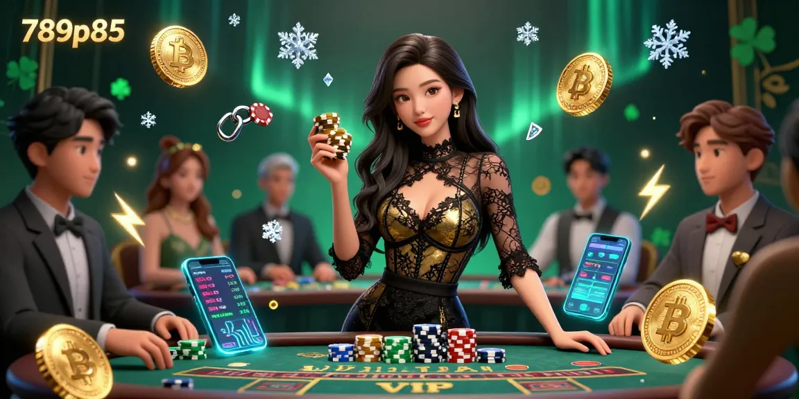 Win big with 789p85 in this captivating casino scene featuring baccarat and crypto elements.
