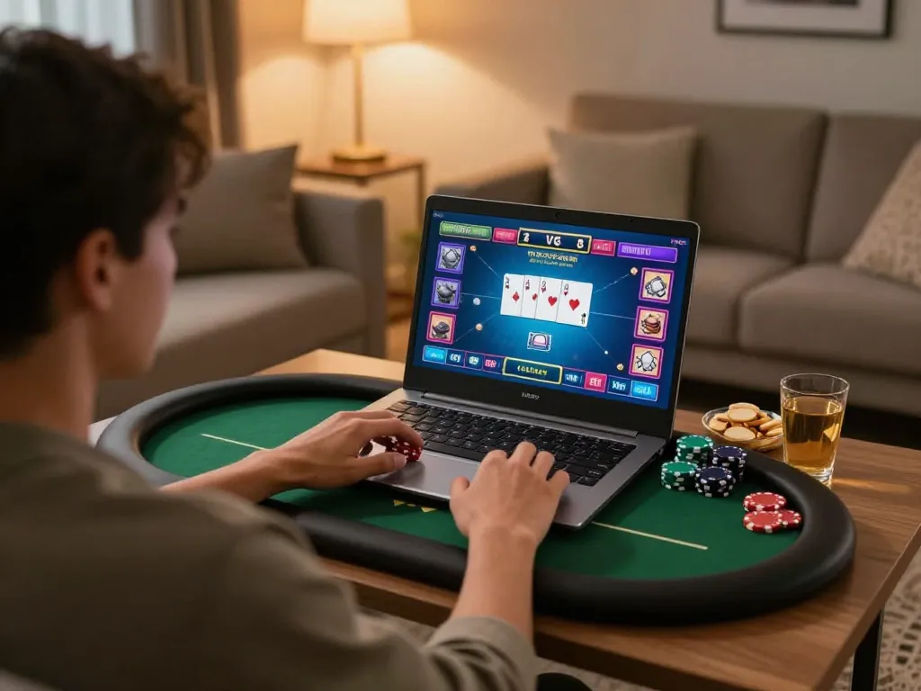 Player engaging in online poker at home using oxbet platform, comfortable and inviting gaming environment.