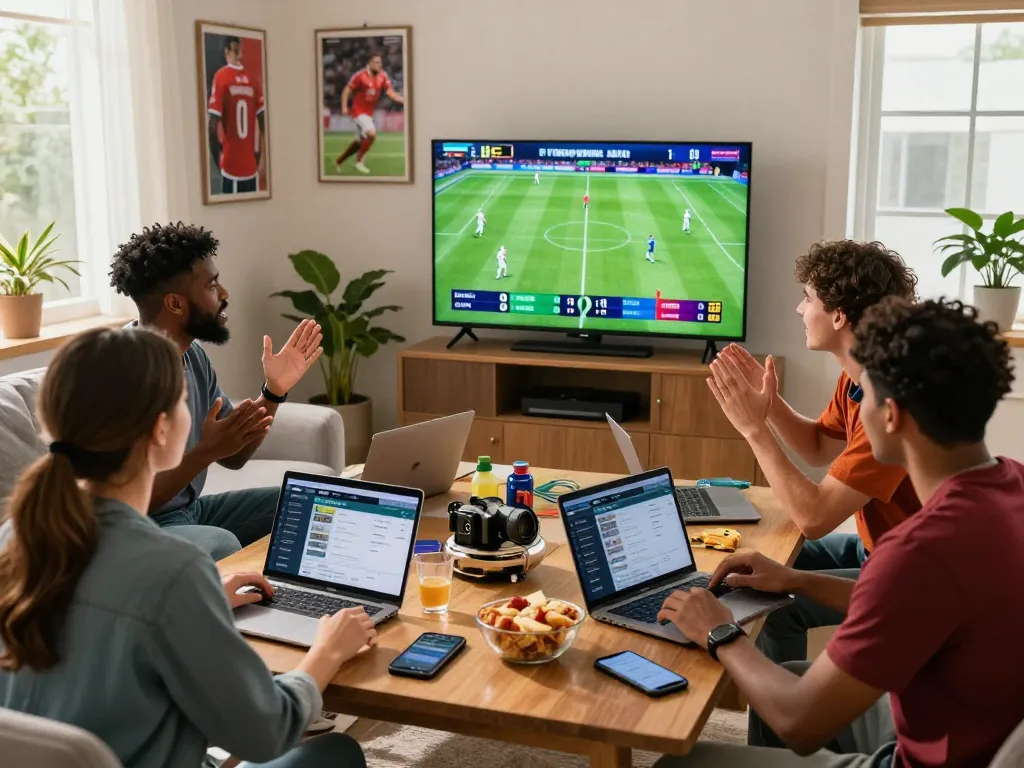 Friends enjoying sports betting at home with 1gom live odds and matches on screen.