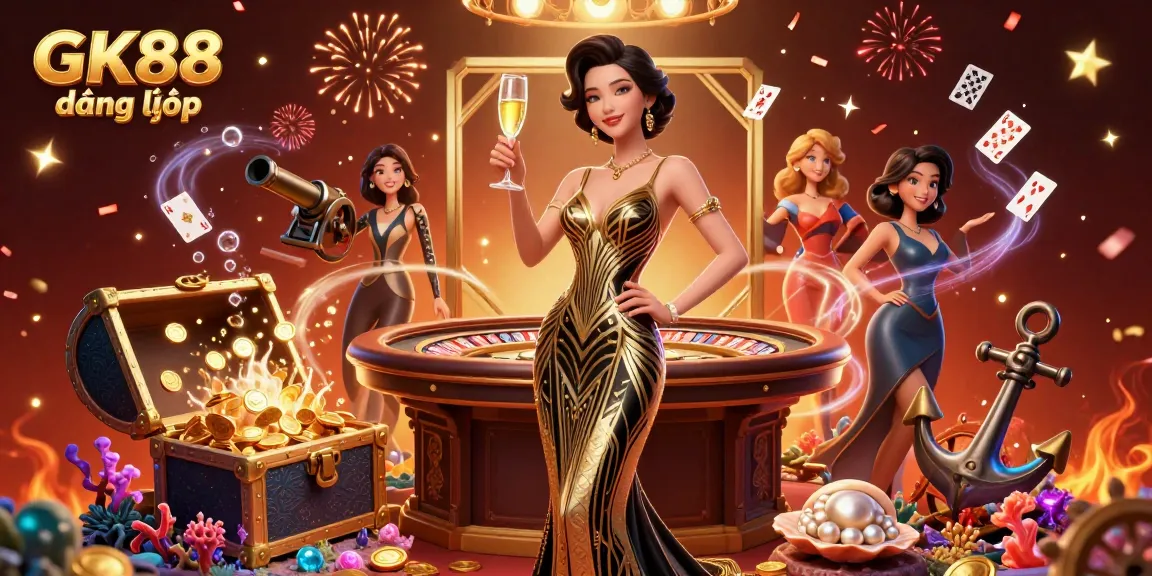 Engage in GK88 đăng nhập with an elegant Asian woman celebrating at a casino, surrounded by colorful gems and game elements.