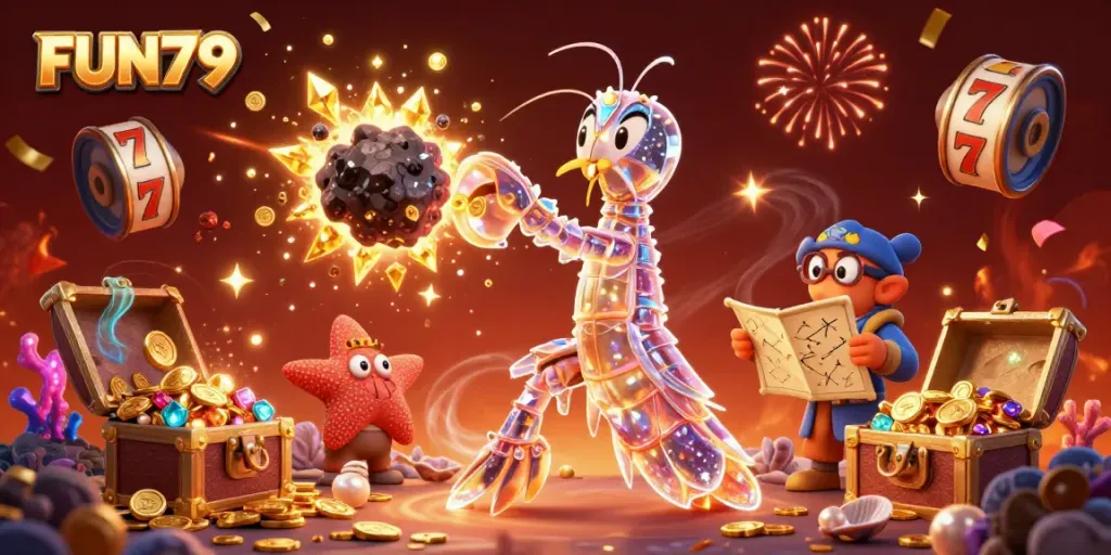 Explore the vibrant world of FUN79 with a galactic samurai mantis shrimp smashing asteroids into golden gems, enhancing your gaming adventures.