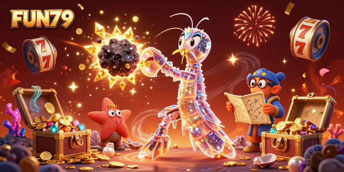 Explore the vibrant world of FUN79 with a galactic samurai mantis shrimp smashing asteroids into golden gems, enhancing your gaming adventures.