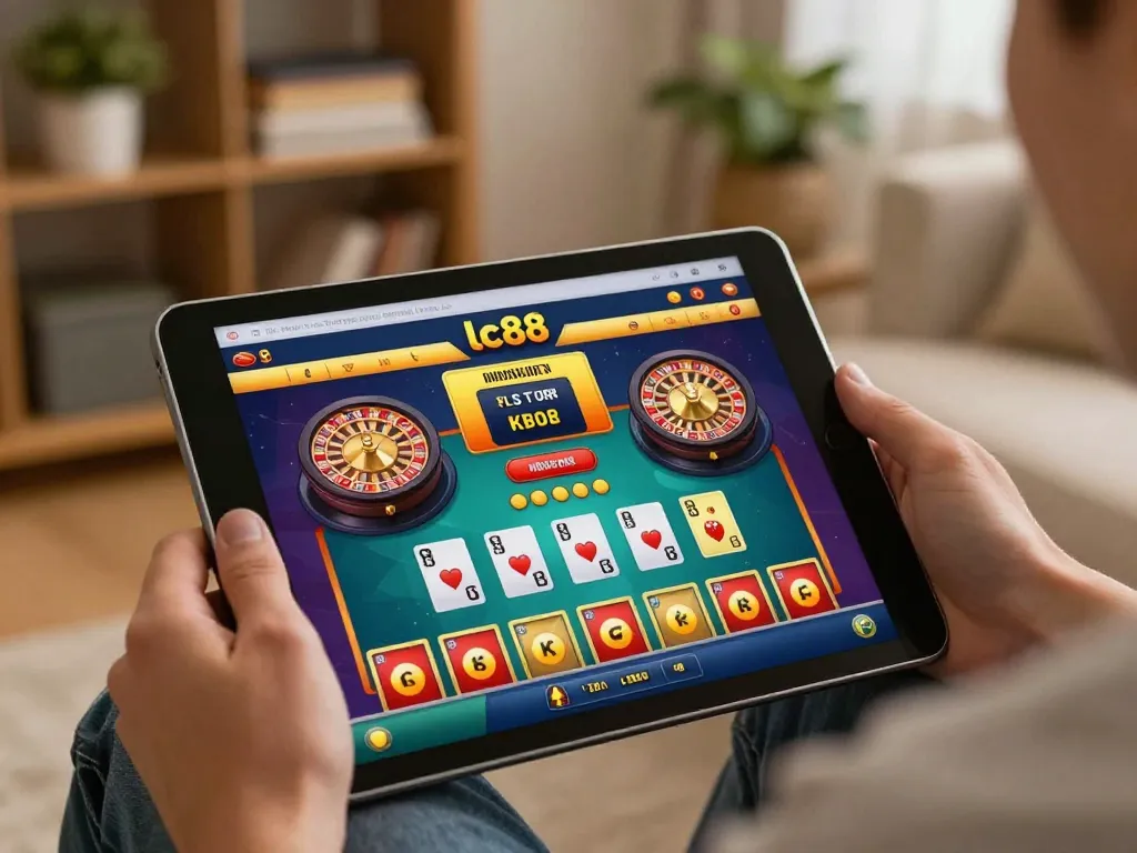 Engaging in online gaming at lc88 with vibrant card games displayed on tablet.