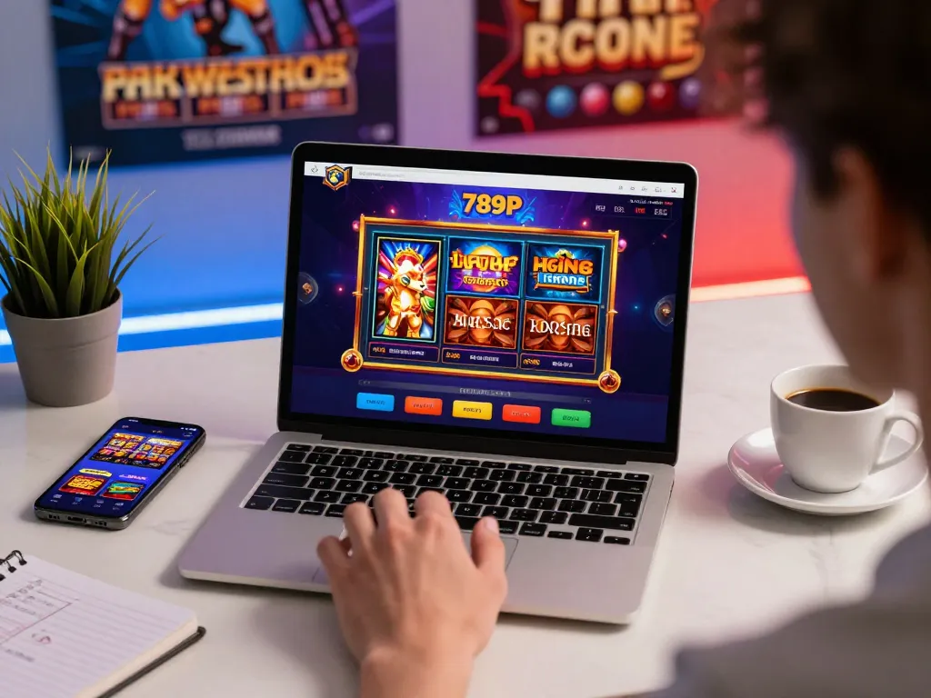 Engaging with 789P online gaming platform on a laptop, showcasing vibrant casino games and a modern workspace.