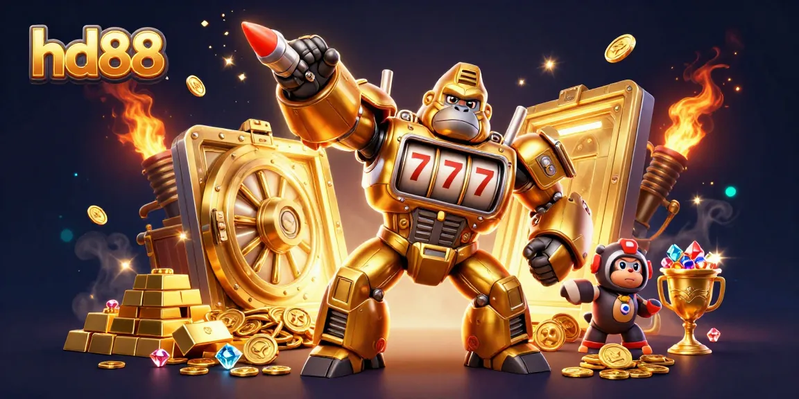 Enjoy a thrilling moment with hd88 as the golden gorilla mech celebrates a jackpot with coins and treasures exploding around!