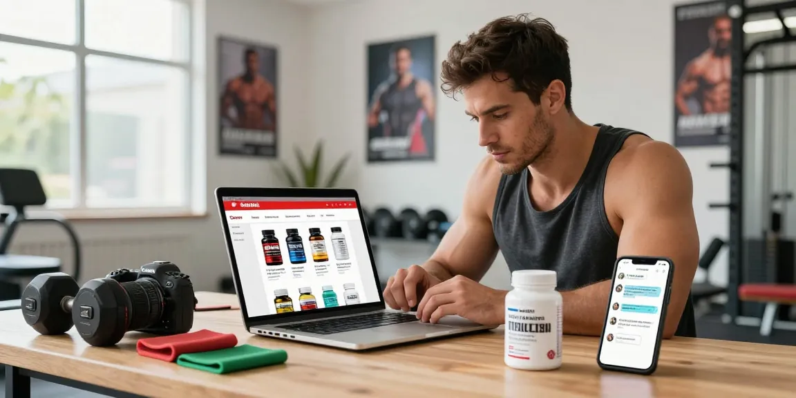 Steroide Boutique athlete shopping for anabolic steroids online in a modern gym setting.