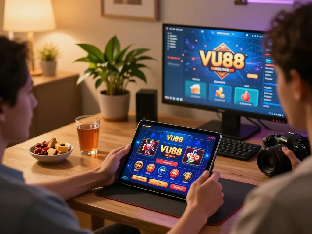 VU88 gaming scene with a person using a tablet for an engaging online casino experience at home.