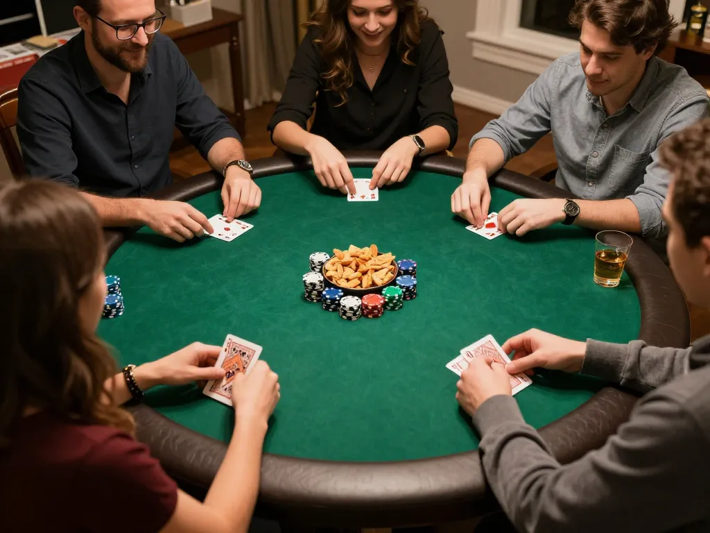 Players strategize and enjoy poker night at home, experiencing 88xx excitement with friends around the table.