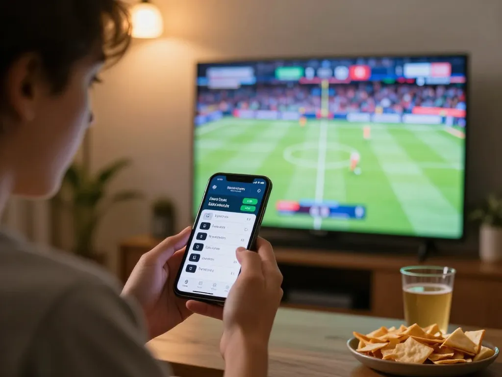 Person engaging with nhà cái Net88's betting app during a sports event, high stakes excitement.