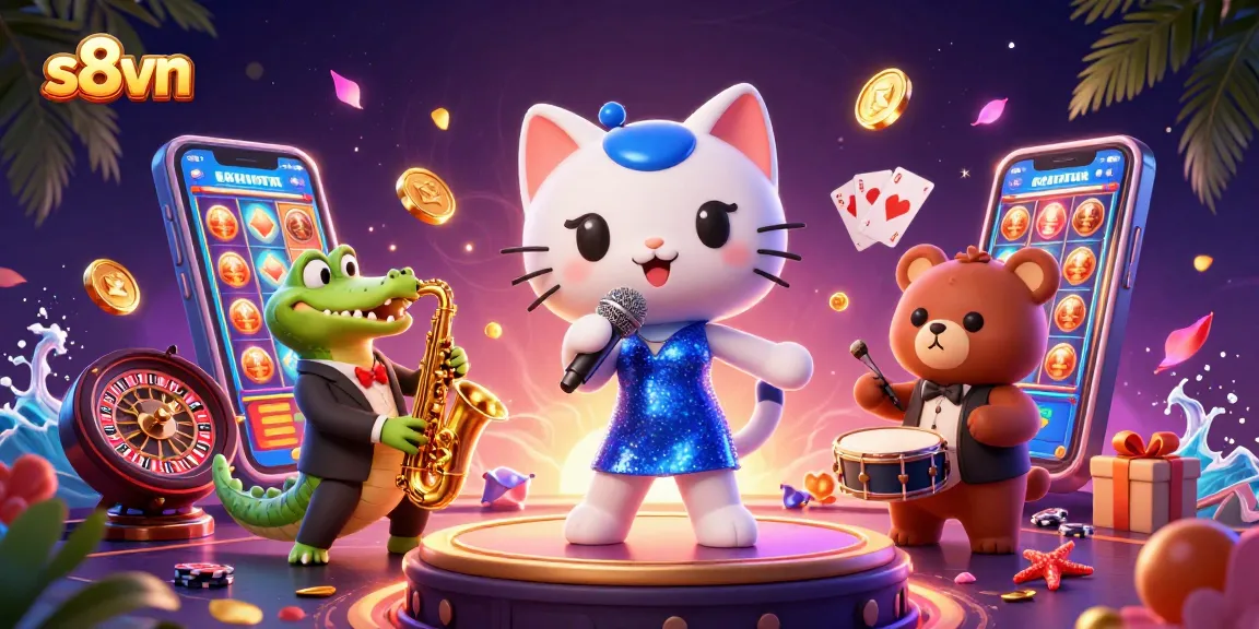 Experience high-stakes excitement with s8vn's dazzling casino scene featuring vibrant characters and games.