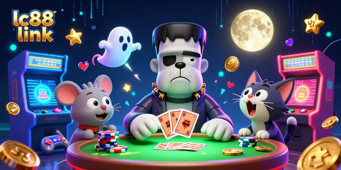 Engage with lc88 link in this dynamic casino scene featuring a colorful 3D bulldog dealer and gaming elements.