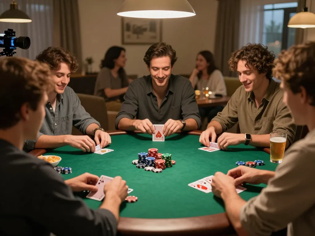 Enjoying a thrilling poker night at home with friends at 11Win, lively atmosphere, snacks, and drinks shared.