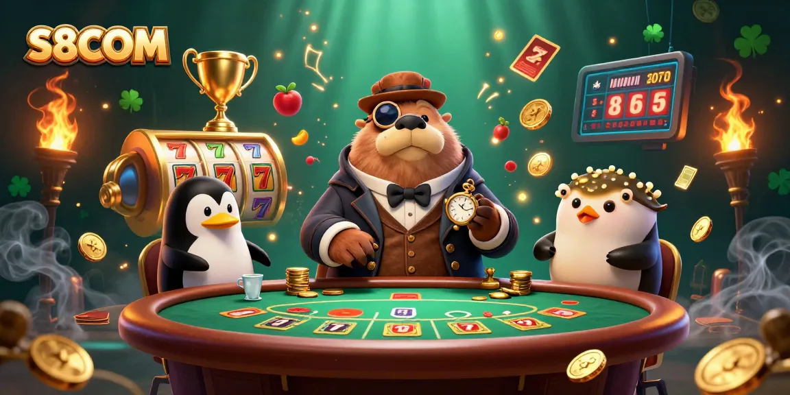 S8COM showcases a thrilling underwater poker scene with a walrus, penguin dealer, and bluffing pufferfish, surrounded by vibrant casino elements.