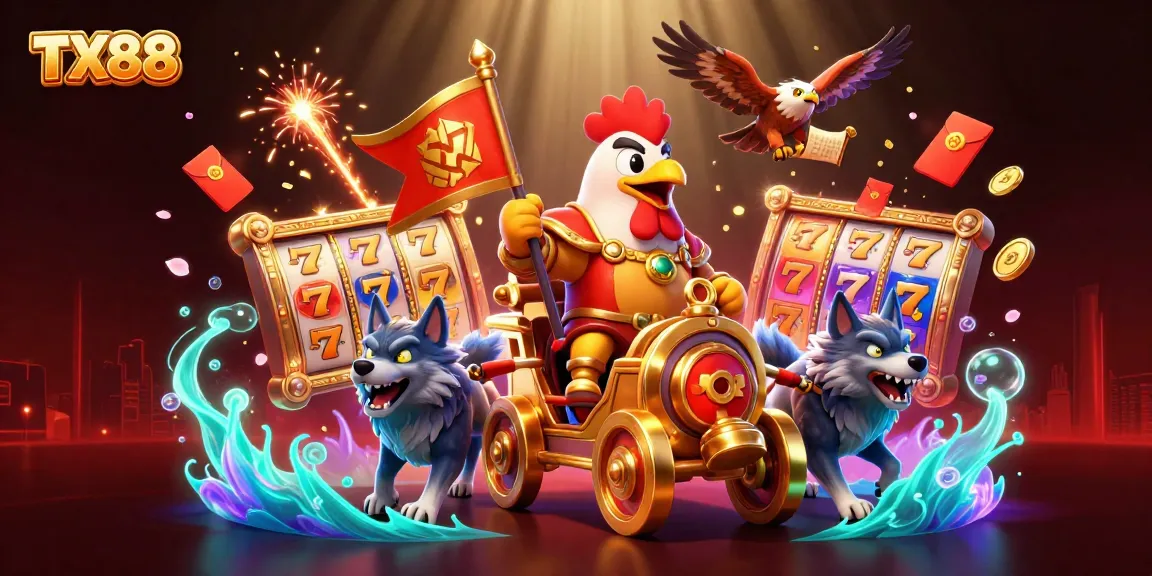TX88 engages with thrilling slot reels and dynamic characters in a vibrant casino scene.