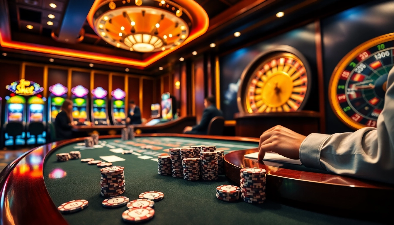 Exciting SHBET casino environment with poker players and roulette wheel in a luxurious setting