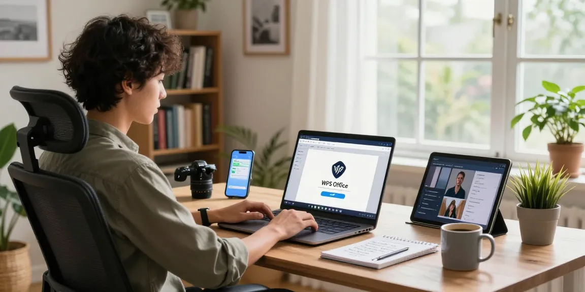 WPS Download process on a laptop in a modern home office, showcasing productivity tools and a cozy atmosphere.