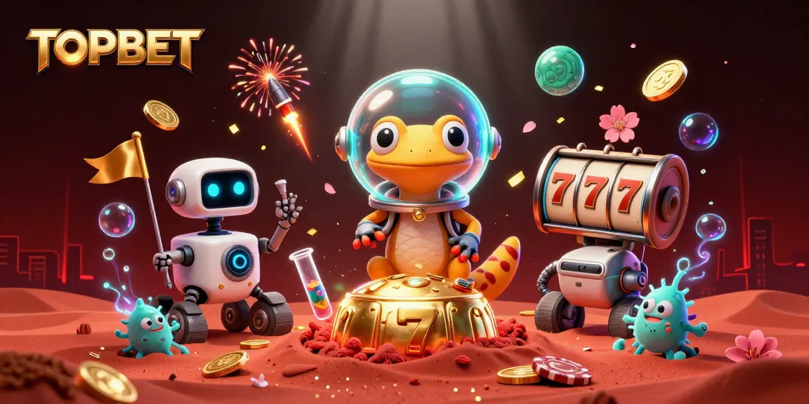 Engage with TOPBET's thrilling casino experience in a vibrant Martian scene featuring dynamic slot machines and joyful alien characters.