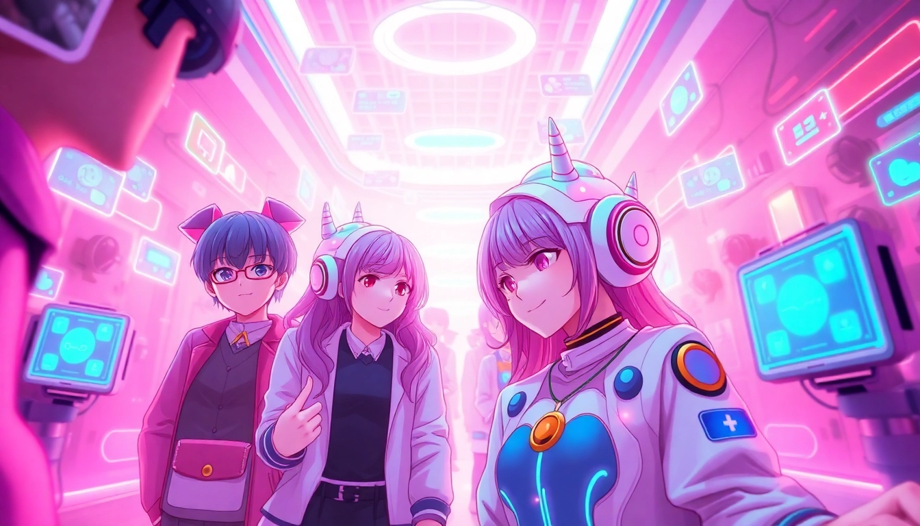 Immersive hentai AI chat experience featuring vibrant anime characters and digital interface.