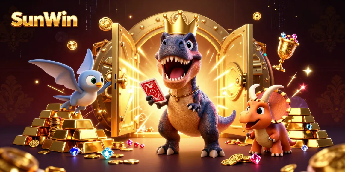 SunWin offers thrilling casino action featuring a T-Rex shuffling cards among golden treasures.