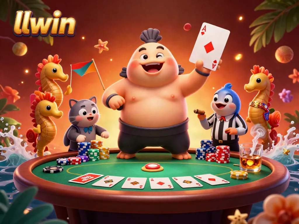 Experience thrilling gameplay with llwin's vibrant underwater poker scene featuring a fugu and catfish referee.