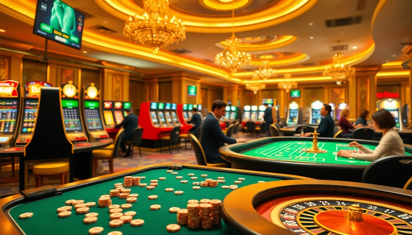 Engaging players at a vibrant casino scene utilizing free credit live22 with colorful slot machines and live dealer tables.