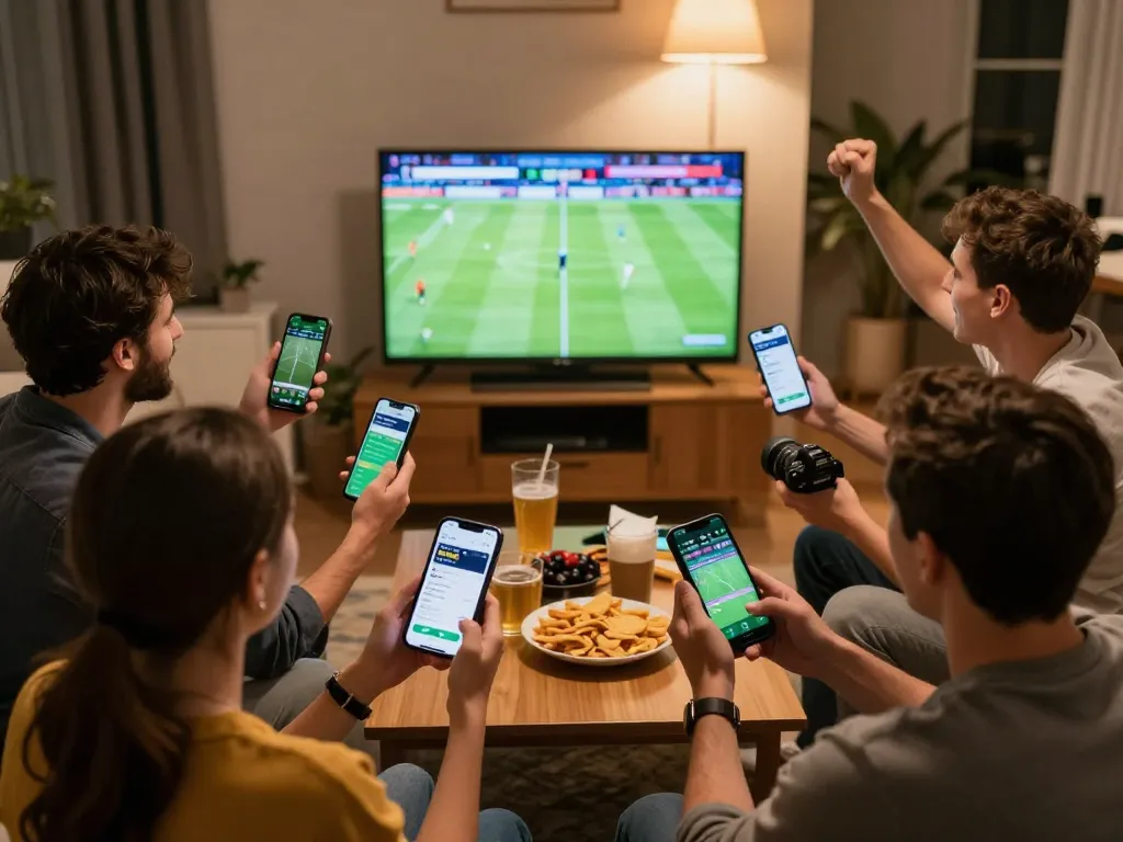 Kèo nhà cái displayed on smartphones as friends engage in excited sports betting while watching a live match.