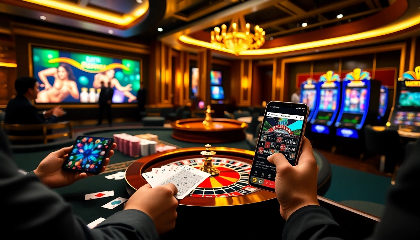 The vibrant online gambling scene highlighting nhà cái sv368 with poker chips, roulette wheel, and engaging players.