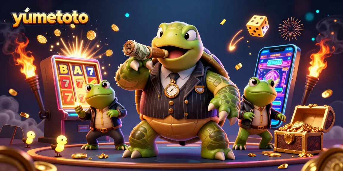 Engage in thrilling gameplay at yumetoto with a fun, vibrant casino illustration showcasing exciting slot machines and characters.