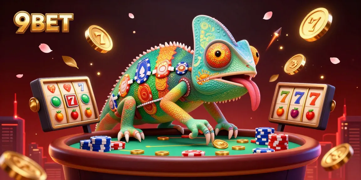 Engage with 9BET casino action featuring a chameleon owner surrounded by vibrant gaming elements.