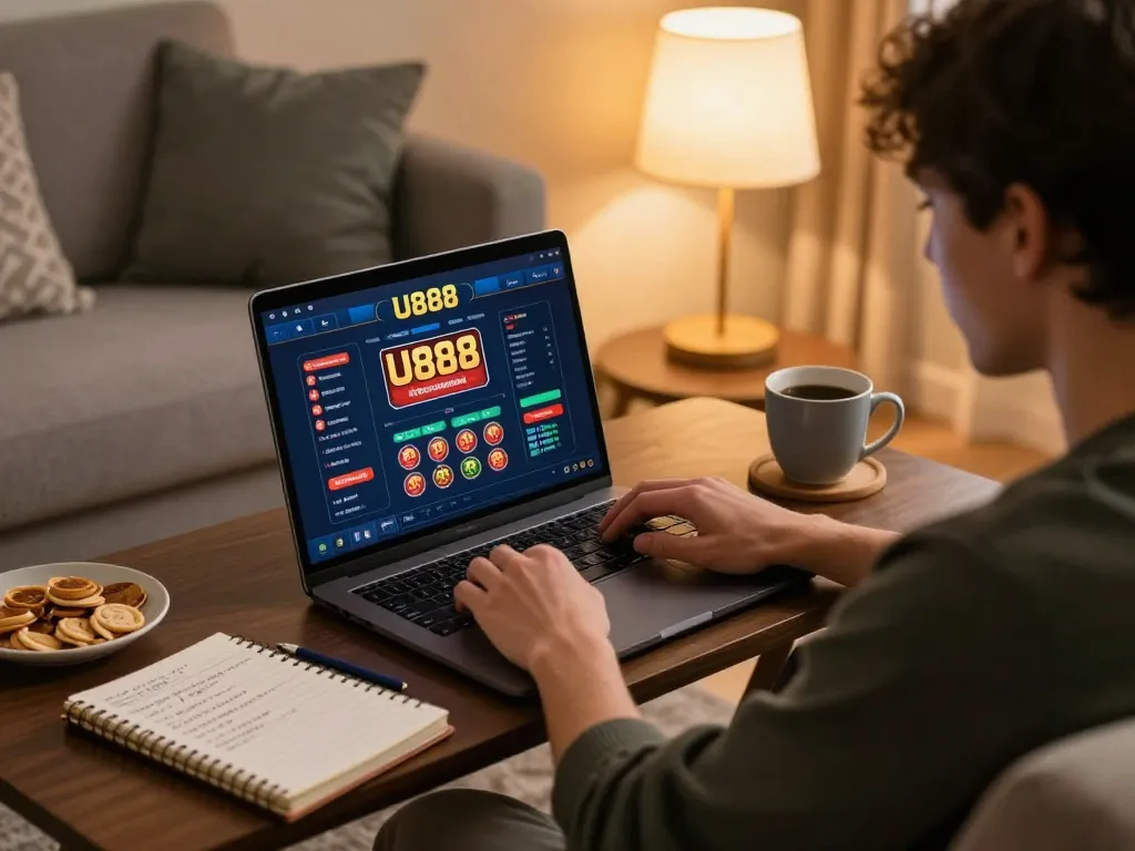 Player enjoying online casino gaming on U888 platform with cozy home atmosphere