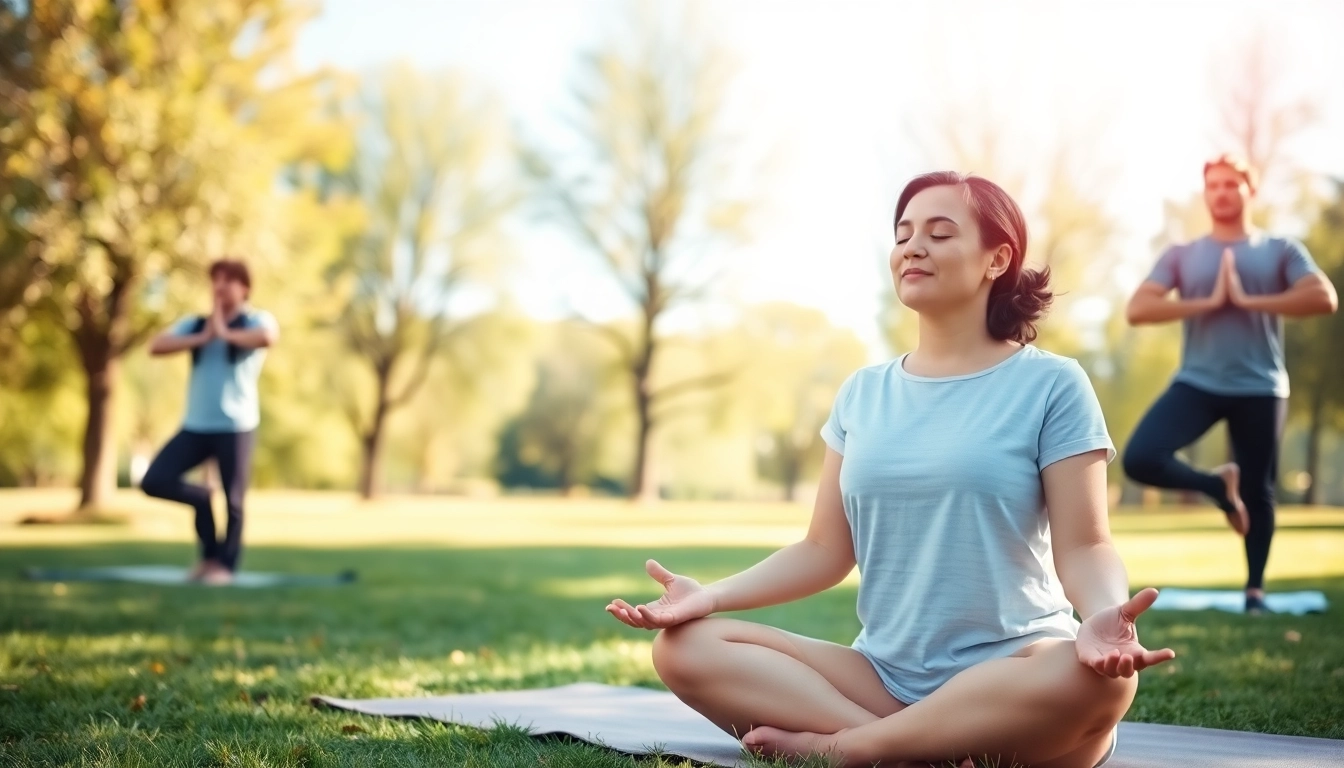 Individuals practicing mental wellness through mindfulness and yoga in a serene outdoor setting.