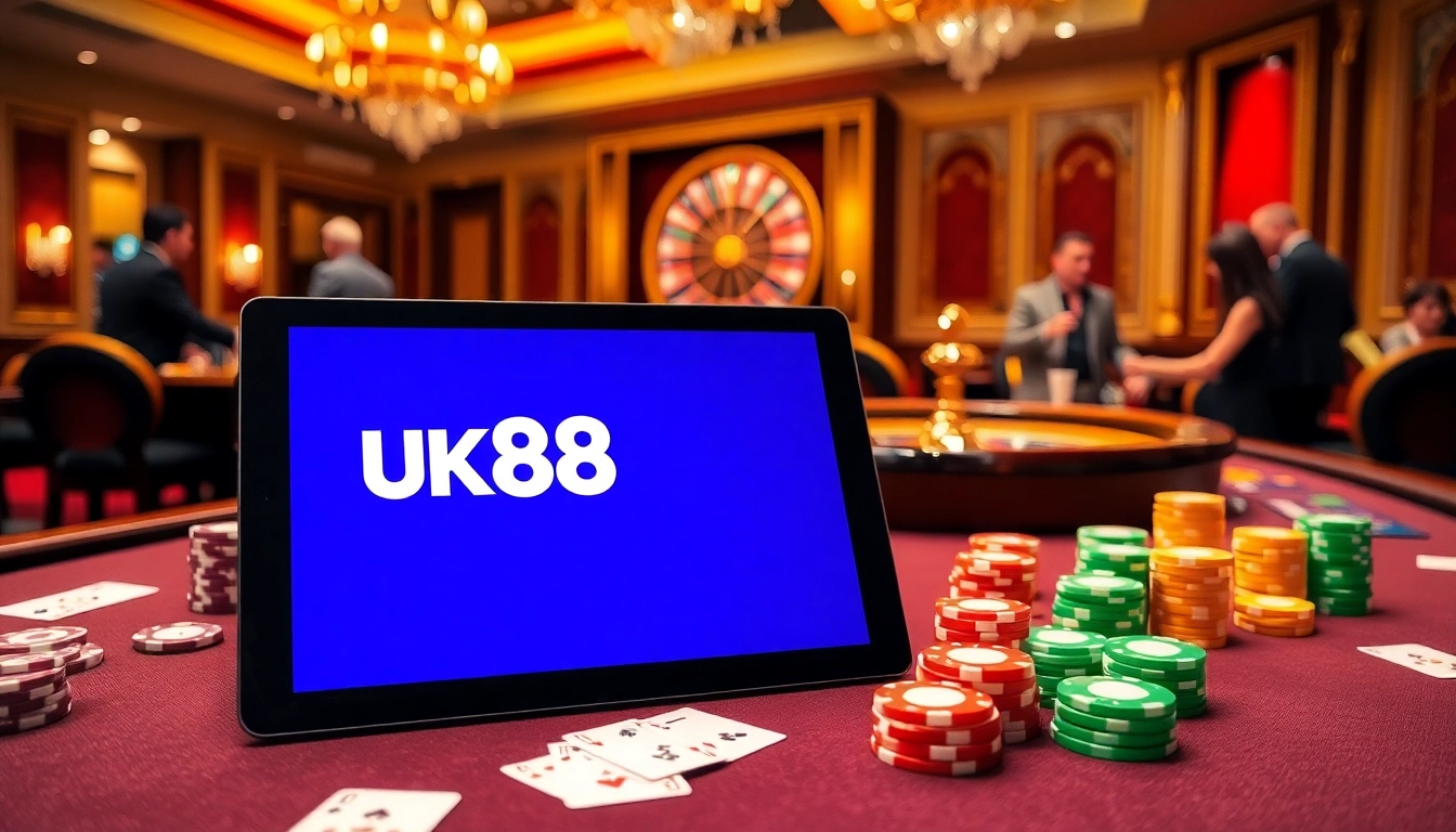 A dynamic scene of gambling excitement featuring UK88 casino tables with poker chips and cards.