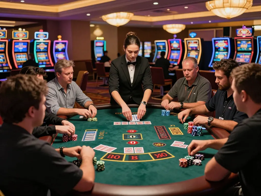 HITCLUB players enjoying an engaging blackjack game with a dealer shuffling cards amidst a vibrant casino atmosphere.